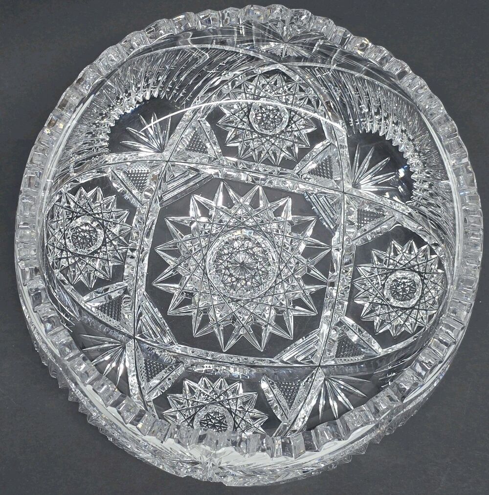 Vintage American Brilliant Period Cut Glass Crystal Bowl 8 in Hobstar Starburst